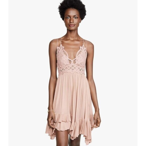Free People One Movement Rose Pink Adella Lace Ruffle Tiered Slip Dress SMall - Picture 1 of 13